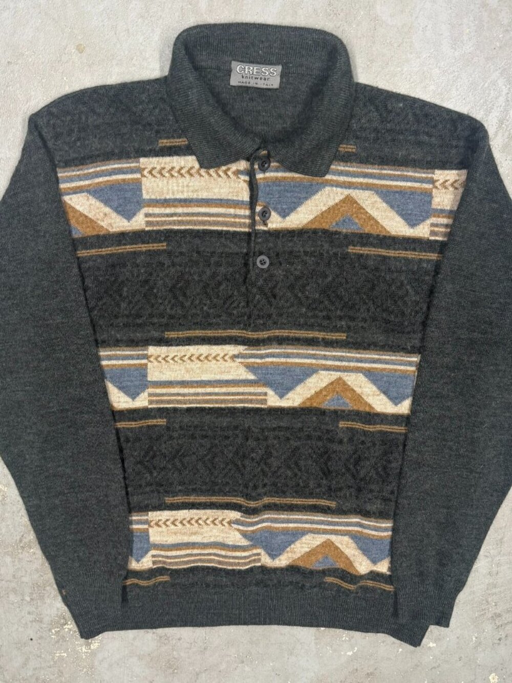Vintage Cress Knitwear Wool Blend Sweater Aztect 1/4 Button Italy XL